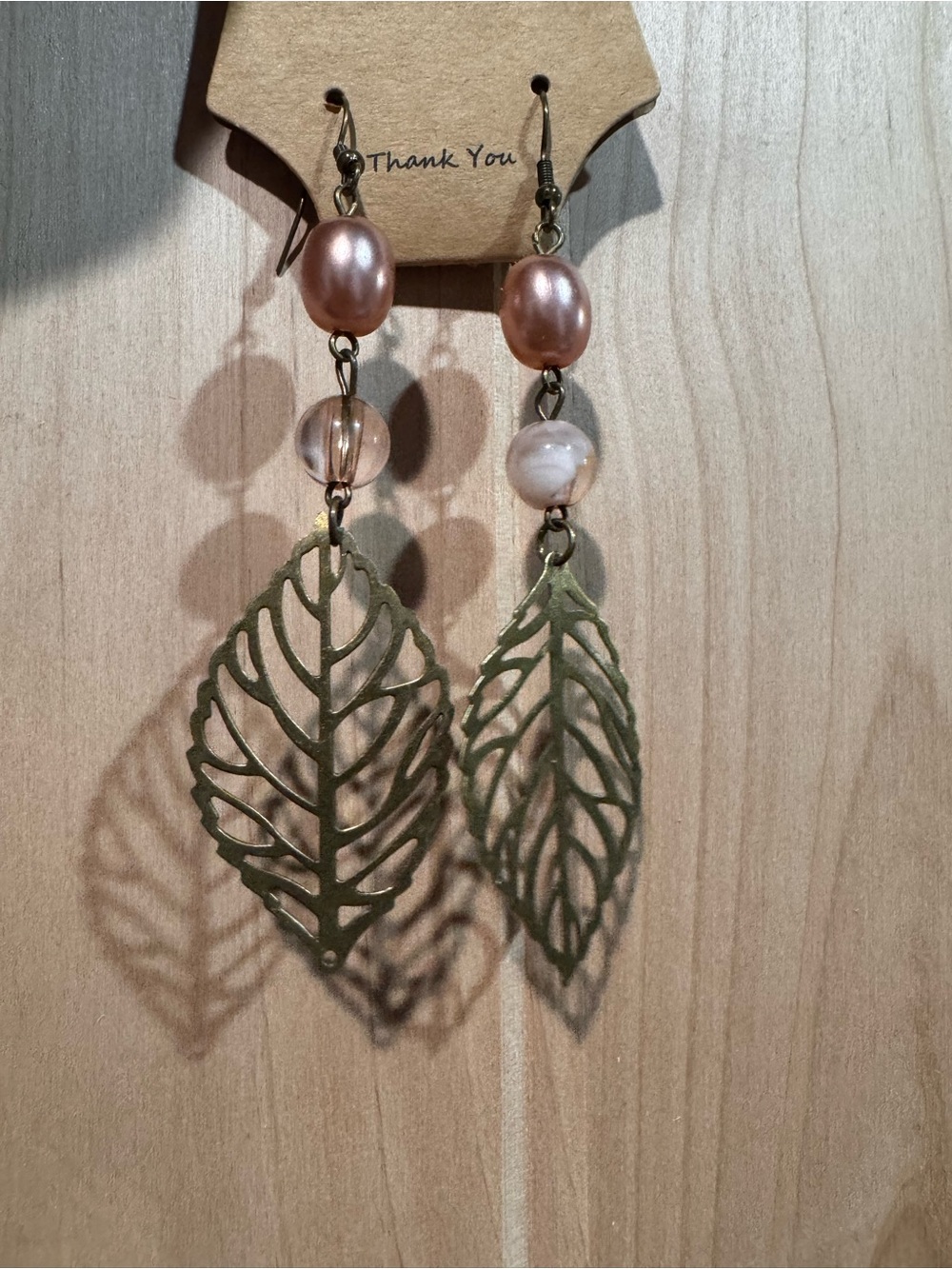 Hand crafted Leaf Drop Earrings with Pink Pearl and Glass Beads